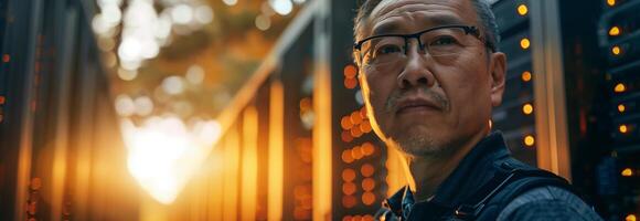 A man in glasses standing in front of a server rack photo