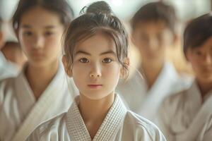 A group of young girls in karate gear photo