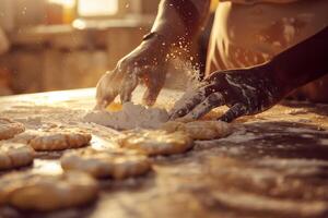 A person is making cookies with flour on a table photo