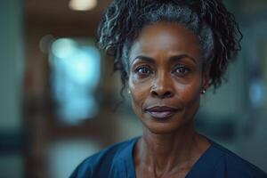A black woman in scrubs looks at the camera photo