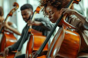 A group of people playing cellos in an office photo