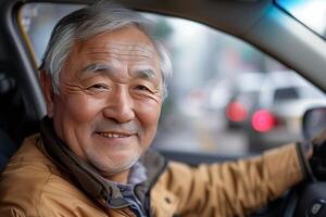 An older man driving a car photo