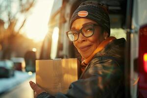 A woman with glasses and a beanie holding a box photo
