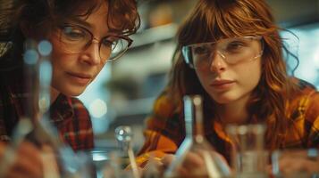 Two women in lab coats looking at something photo