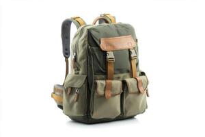 Durable Olive Green Canvas Backpack with Brown Leather Accents photo