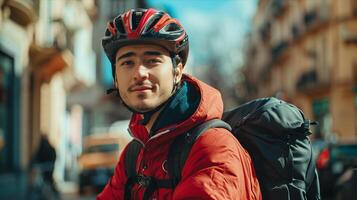 A man wearing a helmet and a backpack photo