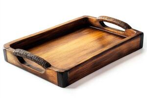 Rustic Wooden Serving Tray with Wicker Handles photo