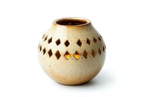 Elegant Beige Ceramic Candle Holder with Intricate Diamond Pattern photo