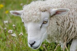 Close-up of a White Sheep in a Meadow photo