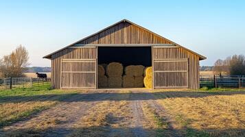 Rustic Wooden Barn with Hay Stacks photo
