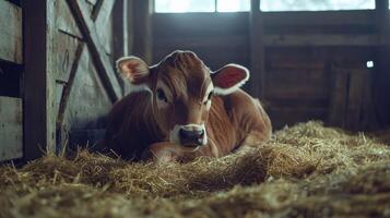 Adorable Calf Resting in a Hay Bale photo