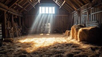 Rustic Barn Interior with Sunlight Beams photo