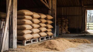 Stacked Grain Bags in a Rustic Barn photo
