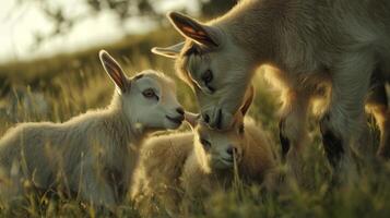 Adorable Baby Goats in a Meadow at Sunset photo