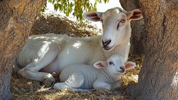 Mother Sheep and Lamb Underneath a Tree photo