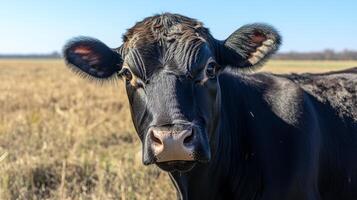 Close-up of a Black Cow in a Field photo