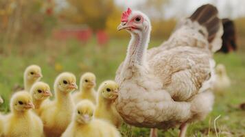 Mother Hen and Her Cute Chicks in a Peaceful Farm Setting photo