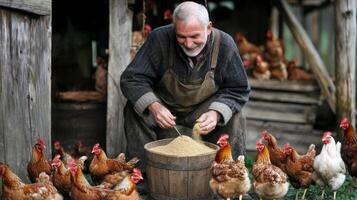 Old Farmer Feeds Chickens in Rustic Barn photo