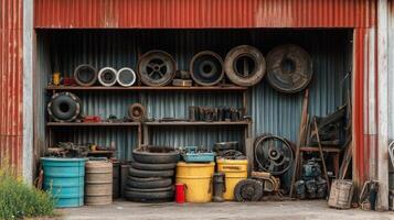 Vintage Industrial Workshop Filled with Rusty Tools and Machinery photo