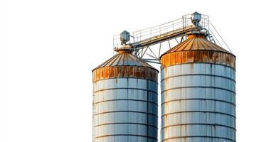 Pair of Rustic Grain Silos, Isolated on White photo