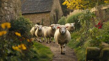 Flock of Sheep on a Country Path photo