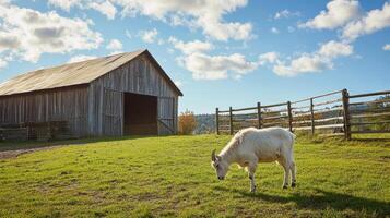 White Goat Grazing in a Peaceful Countryside Farm photo