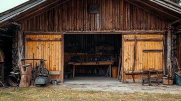 Rustic Wooden Barn with Vintage Tools photo