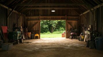 Rustic Wooden Barn Interior with Countryside View photo