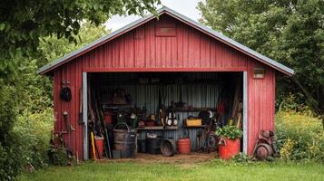 Rustic Red Shed Filled with Garden Tools photo