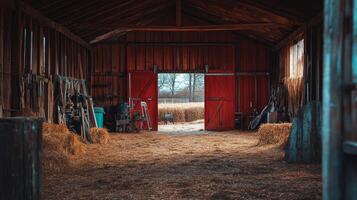 Rustic Red Barn Interior with Hay photo