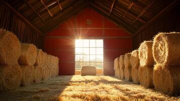 Rustic Barn Filled with Golden Hay Rolls photo