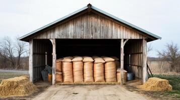 Rustic Wooden Barn with Grain Sacks photo