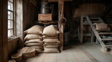 Old Flour Mill Interior with Grain Sacks photo