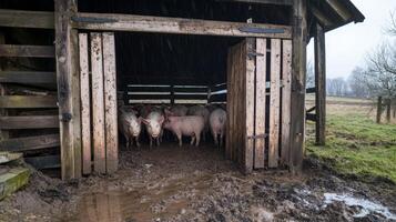 Pigs in a Muddy Barn - Rustic Farm Scene photo
