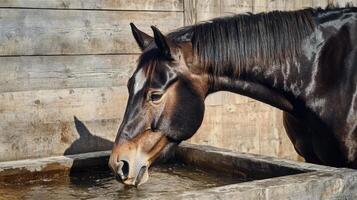 Brown Horse Drinking Water in Wooden Trough photo