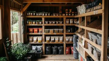Wooden Storage Shelves Filled with Grains and Seeds photo