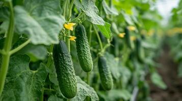 Fresh Cucumbers Growing in a Garden photo