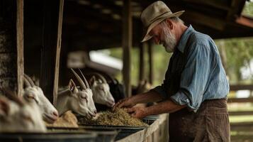 Farmer Feeding Goats in a Rustic Barn photo