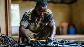 Dedicated Worker Installs Wiring in Rural Area photo