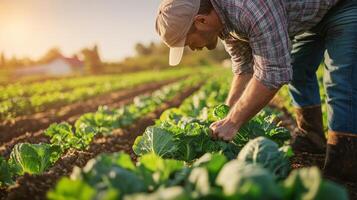 Dedicated Farmer Tending to Lush Crops photo