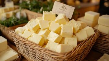 Fresh Butter Cubes in a Wicker Basket photo