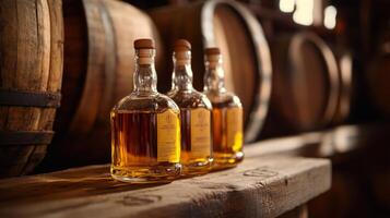 Aged Whisky Bottles in Wooden Barrels photo