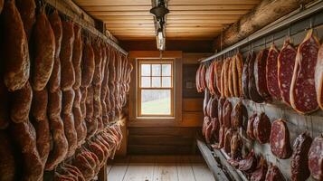 Aged Meats Hanging in a Rustic Wooden Room photo
