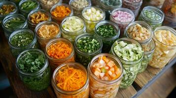 Assortment of Colorful Preserved Vegetables in Jars photo