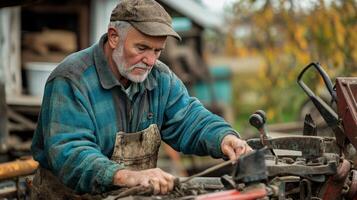 Dedicated Farmer Repairs Tractor photo