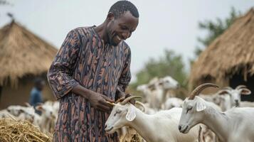 Smiling Farmer Tending to Goats in Rural Africa photo