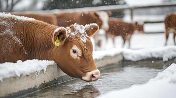 A Cow Drinking Water in a Snowy Landscape photo