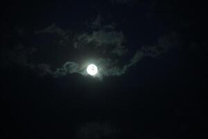 The moon is seen in the dark sky with clouds photo