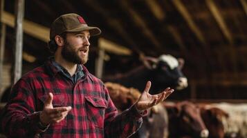 Dedicated Farmer Discussing Livestock Practices photo