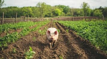 cerdo en un lozano tierras de cultivo foto